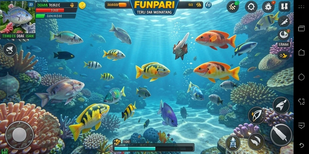 Screenshot utama FUNPARI menampilkan aksi menembak ikan yang mendebarkan.
